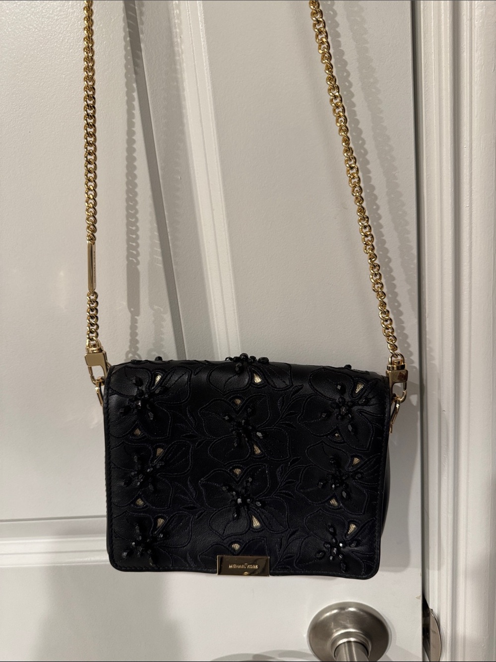 Michael Kors Black Floral Appliqué Shoulder Bag with Gold Chain
